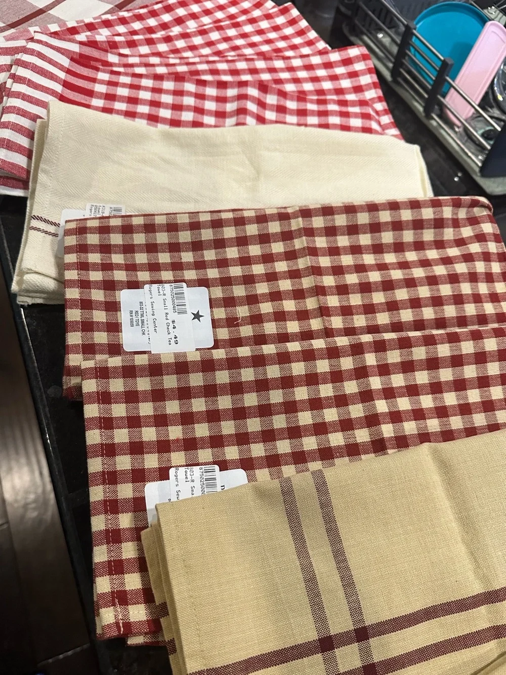 Set of 11 Assorted Checked and Solid Kitchen Towels - Red, Cream, Beige